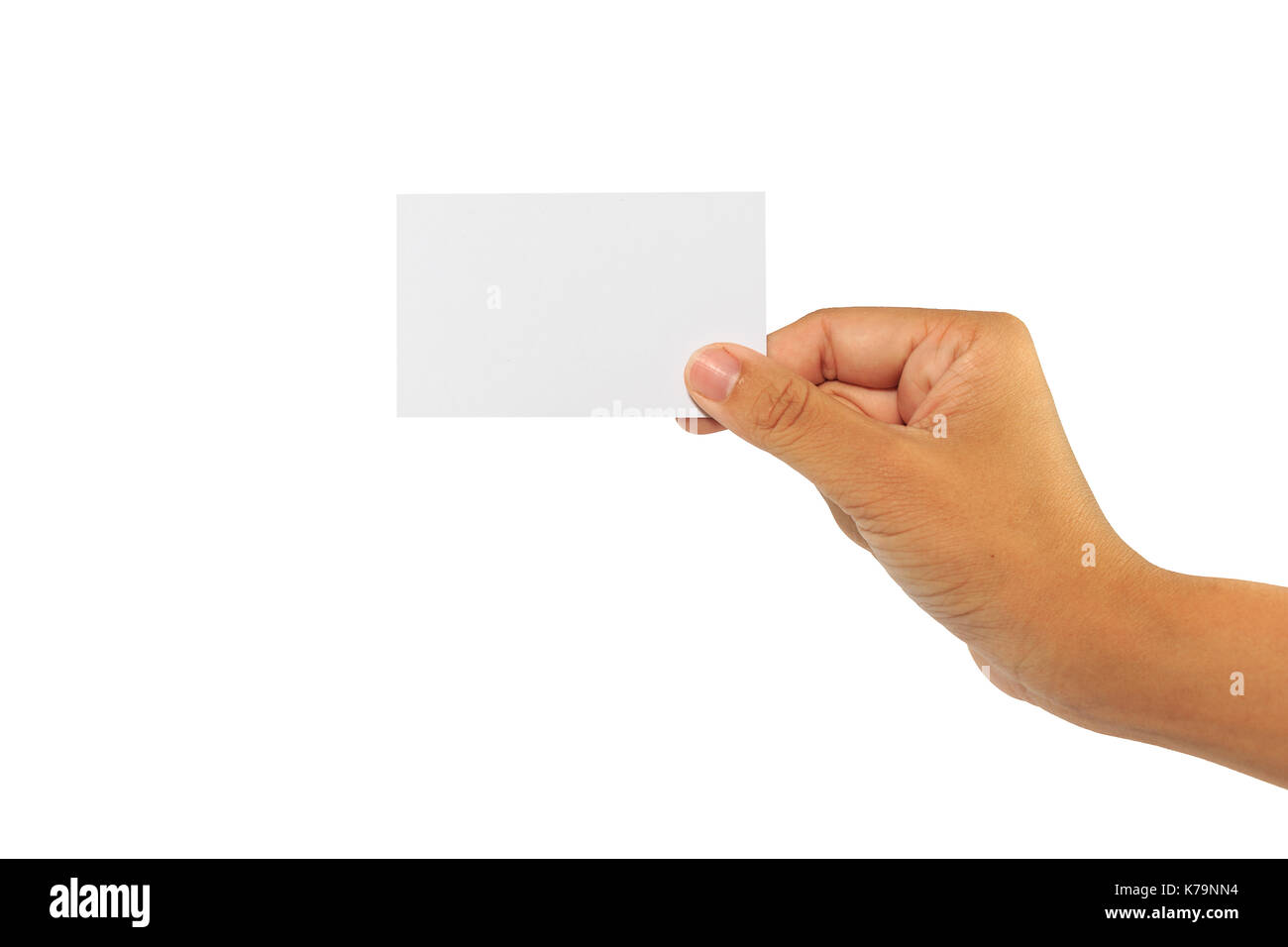 Woman hand holding blank card isolé sur fond blanc Banque D'Images