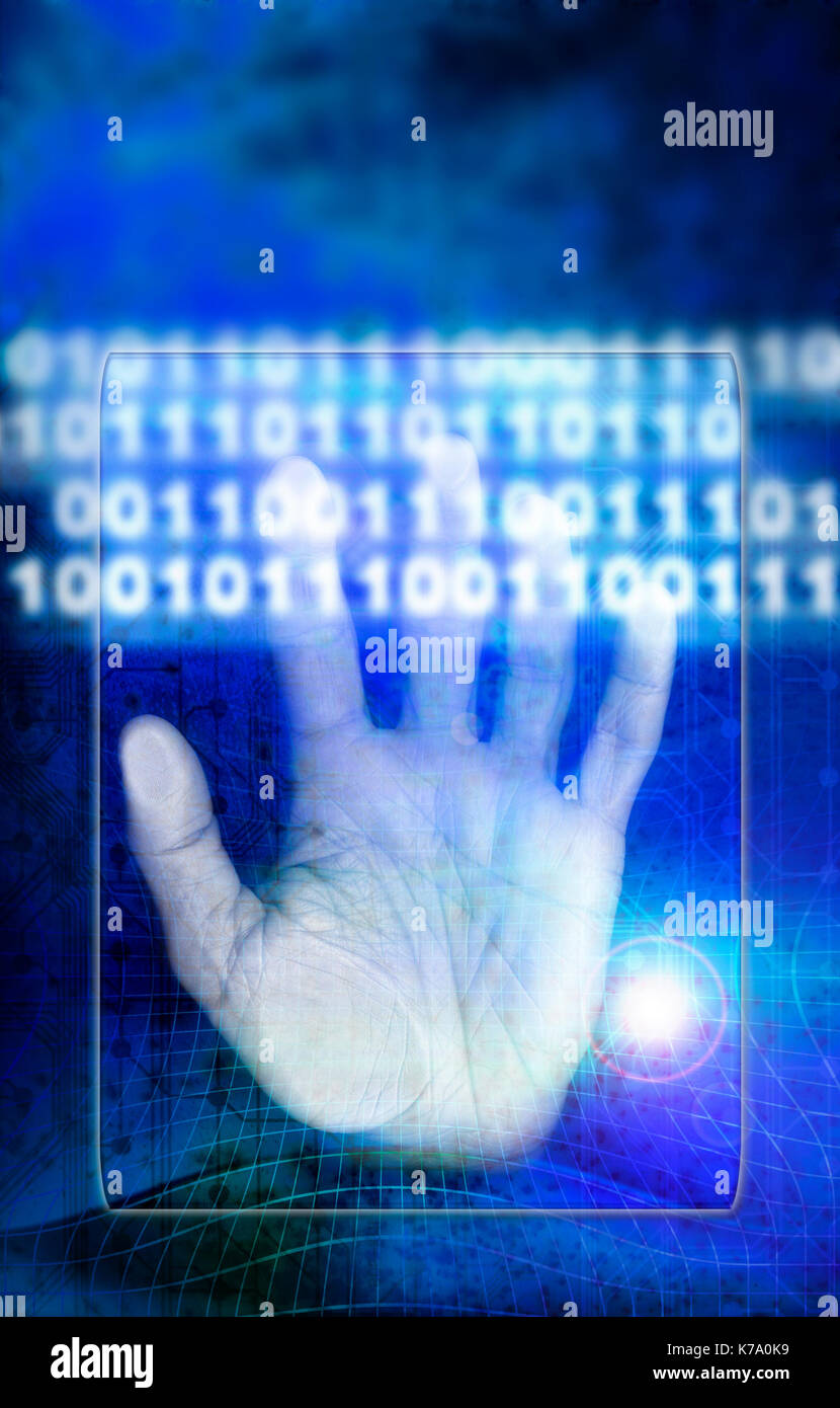 La paume de la main et de chiffres binaires, analyse de l'identité Banque D'Images