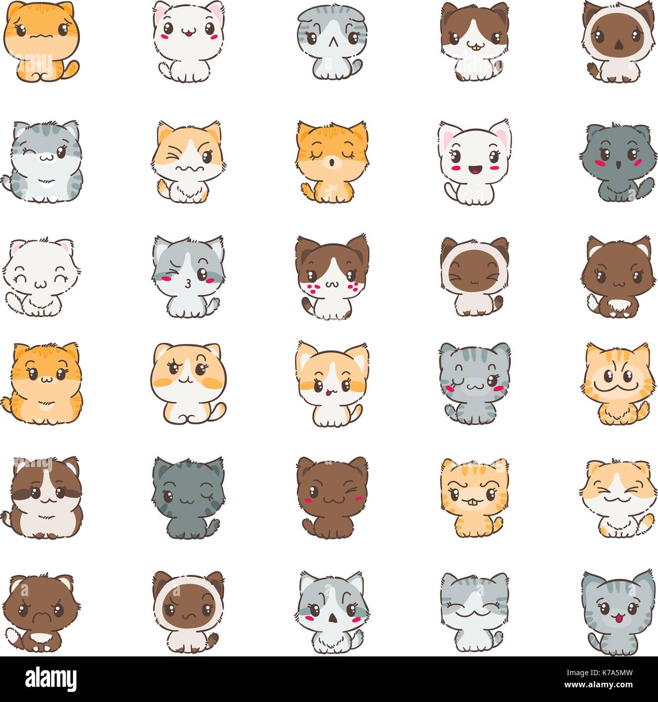 Cute cartoon chats et chiens avec différentes émotions. sticker collection. vector set de doodle et des émoticônes emoji Illustration de Vecteur