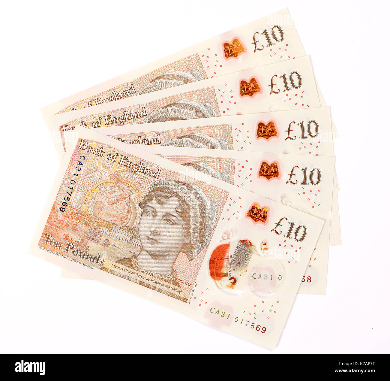 UK. 15 Sep, 2017. Le polymère nouveau 10, 10 € livre publié en circulation le 14 septembre 2017. La note, qui représente la reine Elizabeth II (en haut) sur le recto et l'anglais auteur Jane Austen (en bas) sur l'arrière. Austen est la seule femme - à l'exception de la Reine - à présent dotées d'une note de la banque. Credit : Oliver Dixon/Alamy Live News Banque D'Images