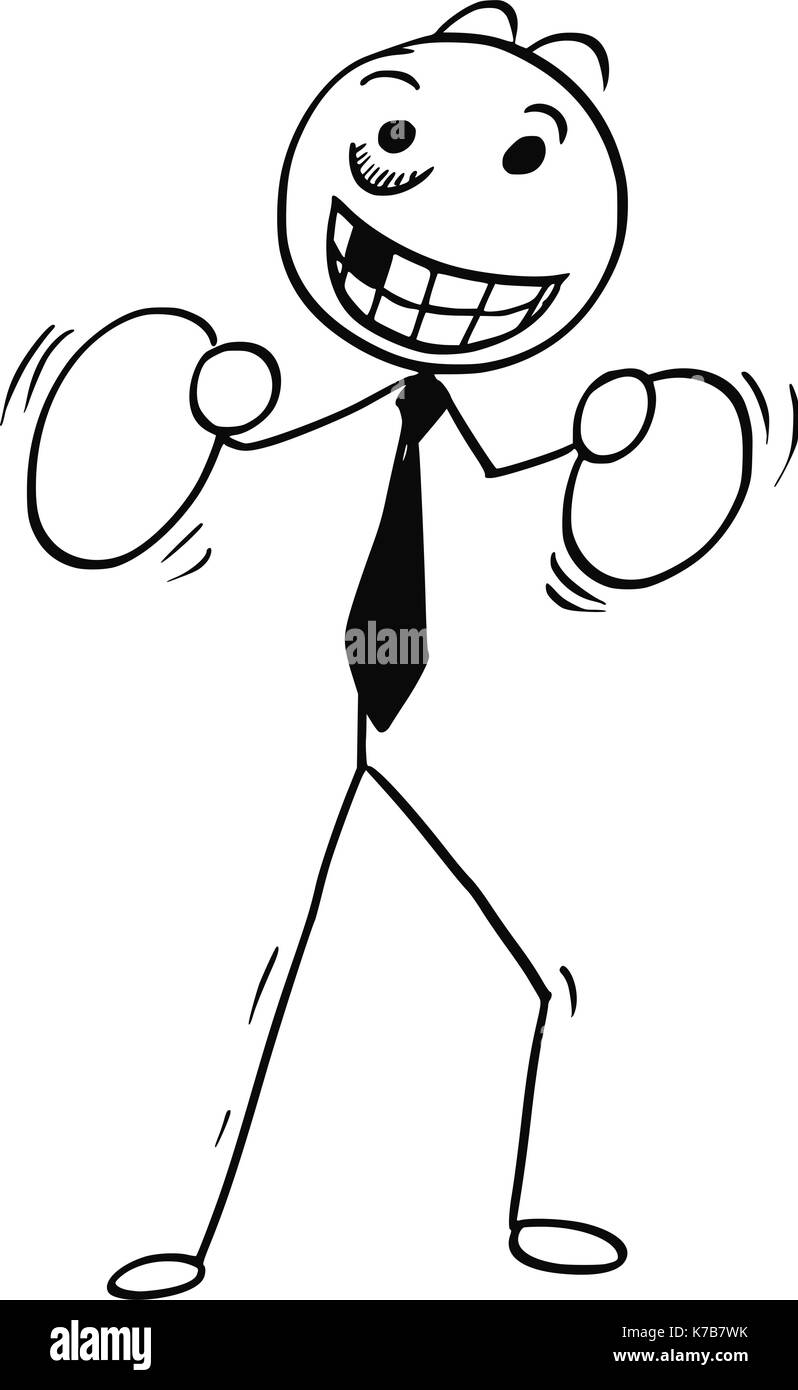 Cartoon stick man illustration de smiling business man businessman with dans fort posent avec des gants de boxe. Illustration de Vecteur