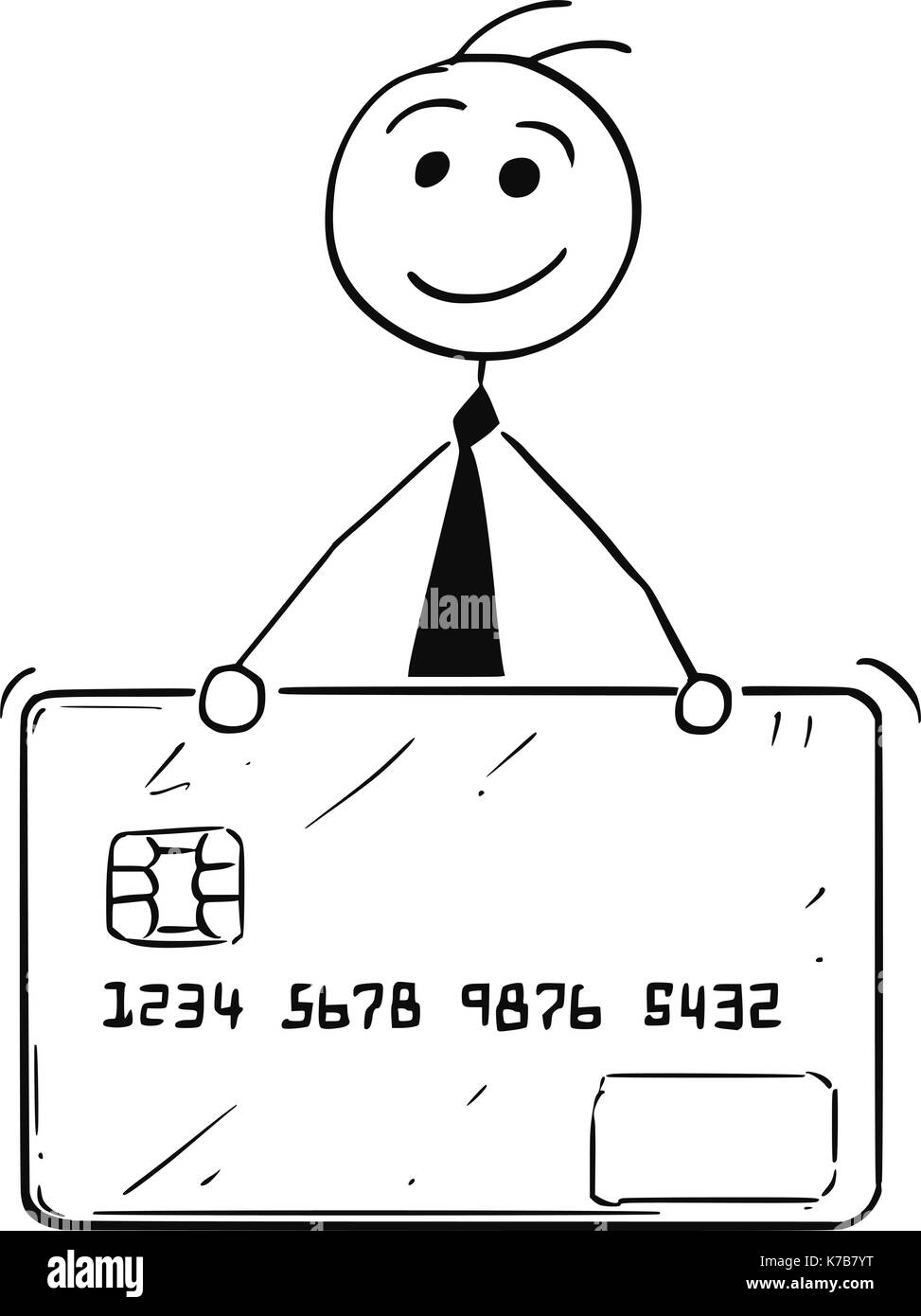 Cartoon stick man illustration de smiling business man businessman avec carte de crédit ou de débit. Illustration de Vecteur
