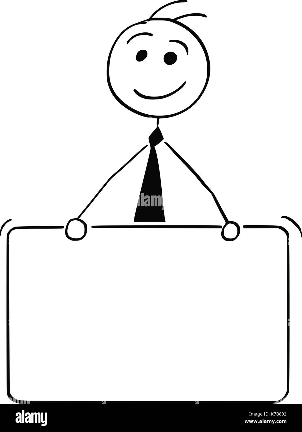 Cartoon stick man illustration de smiling business man businessman holding empty signe. Illustration de Vecteur