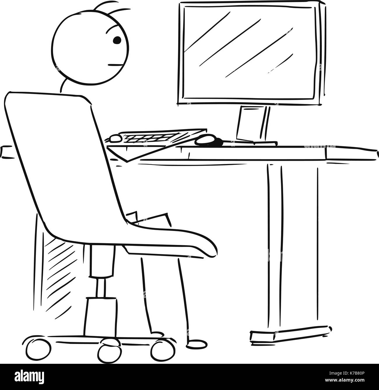 Cartoon stick man retour voir illustration de l'homme d'affaires travaillant sur ordinateur de bureau. Illustration de Vecteur