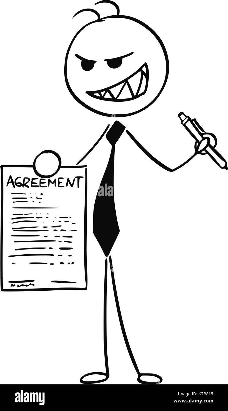 Cartoon vector illustration de l'homme d'affaires ou commercial avec le mal sourire offrant des contrats ou accords papier à signer. Illustration de Vecteur