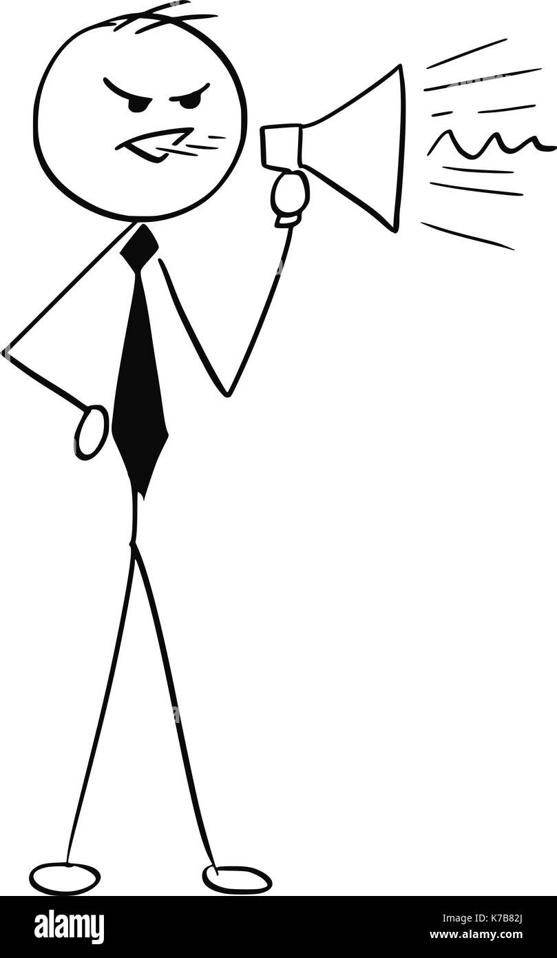 Cartoon stick man illustration de grincheux business man businessman yelling through megaphone. Illustration de Vecteur