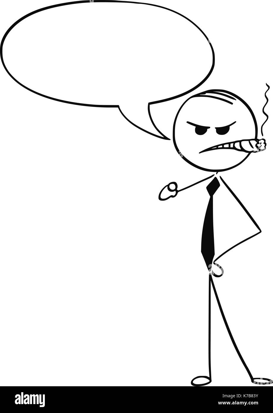 Cartoon stick man illustration de grincheux en colère business man businessman patron avec bulle vide fumeurs de cigare et de main pointant. Illustration de Vecteur