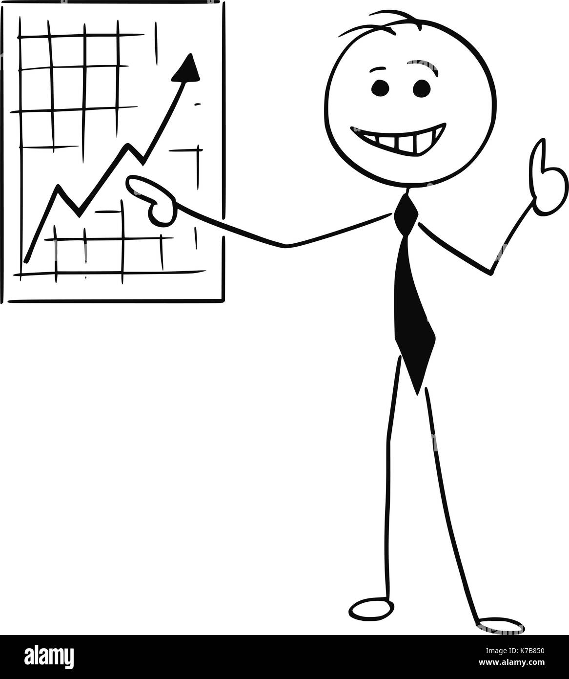 Cartoon stick man illustration de smiling business man businessman pointing at wall chart Graphique et pouce vers le haut. Illustration de Vecteur