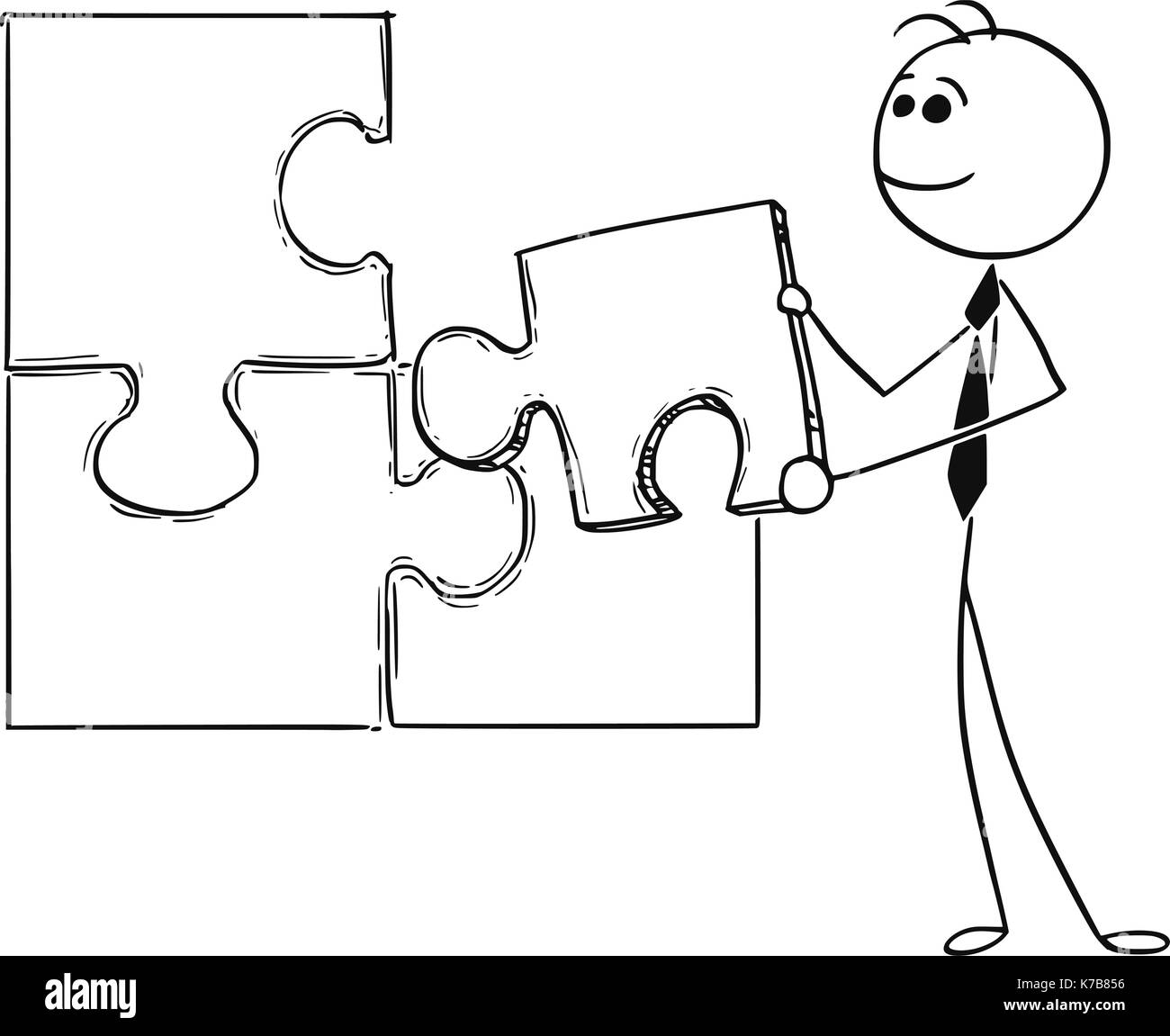 Stick man cartoon illustration conceptuelle de business man businessman holding dernière pièce de puzzle que la résolution des problèmes. Illustration de Vecteur