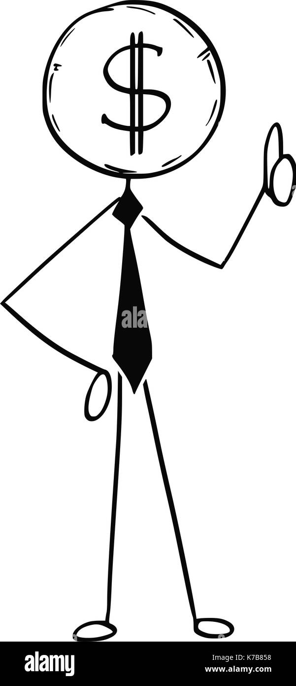 Stick man cartoon illustration conceptuelle de business man businessman avec pièce d'un dollar au lieu de la tête. Illustration de Vecteur