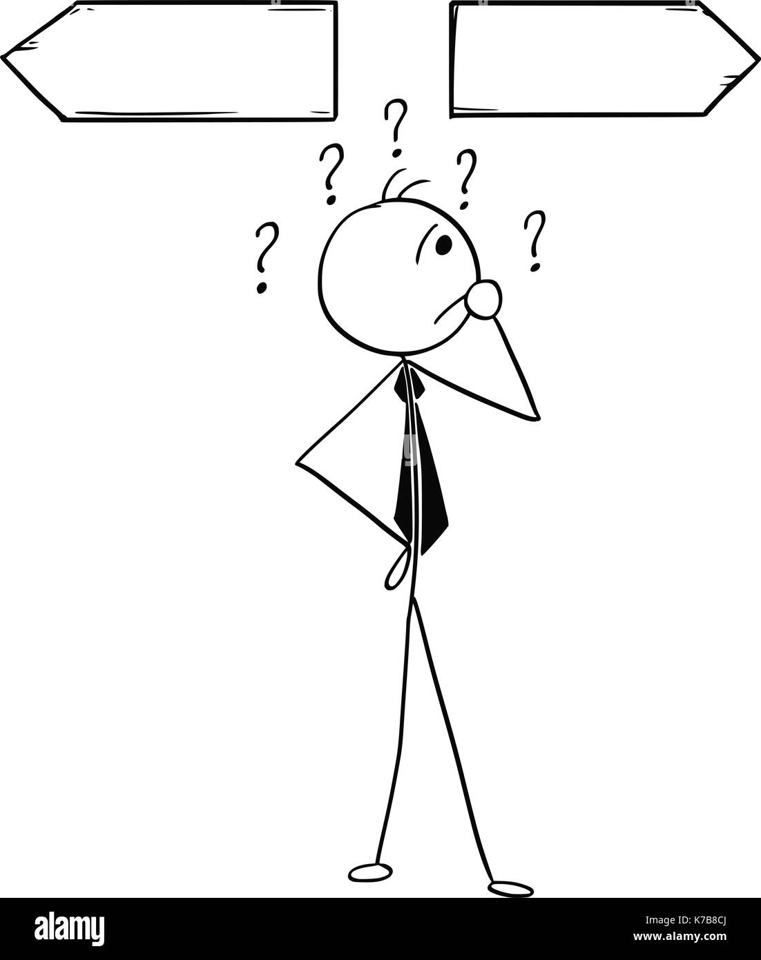 Cartoon stick man illustration de business man woman décision sur le carrefour avec deux flèches. Illustration de Vecteur