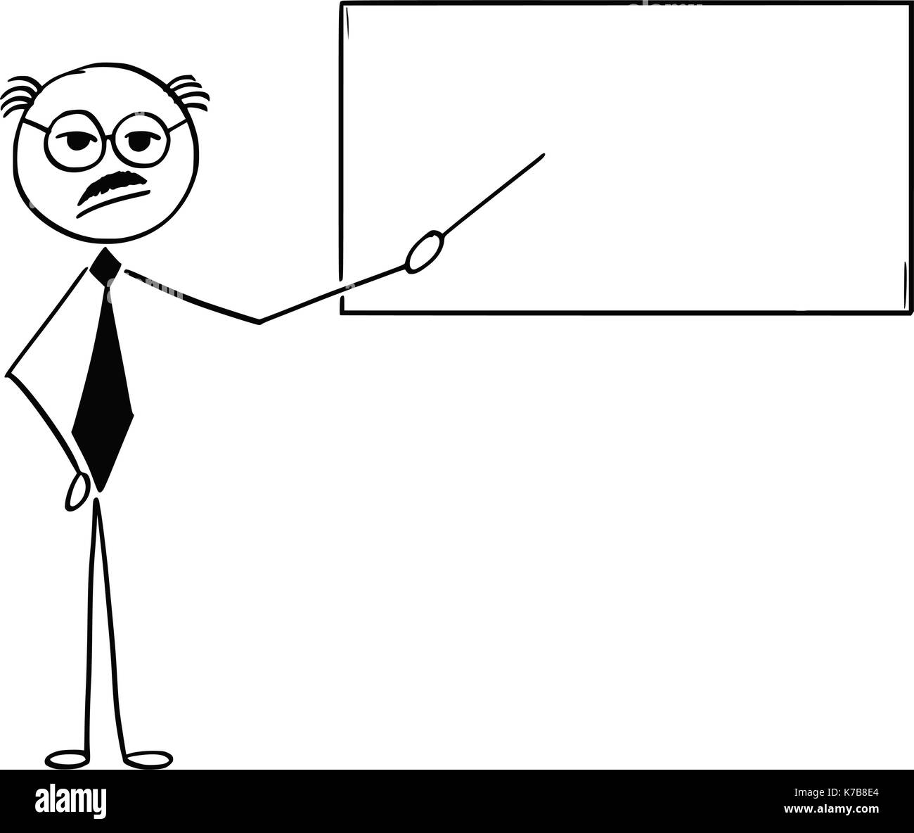 Cartoon stick man illustration de l'ancien homme d'affaires et d'une moustache chauve businessman pointing at professeur enseignant signe vide ou conseil. Illustration de Vecteur
