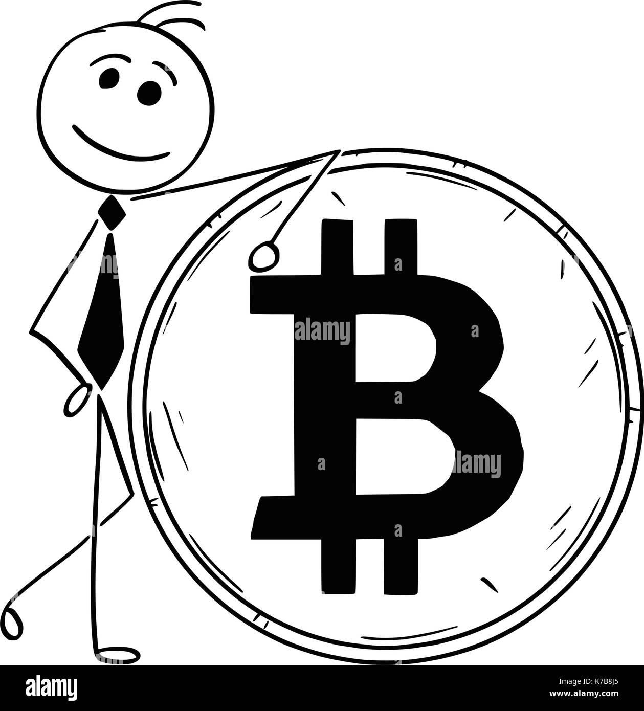 Cartoon stick man illustration de smiling business man businessman leaning on grande pièce de bitcoin. Illustration de Vecteur