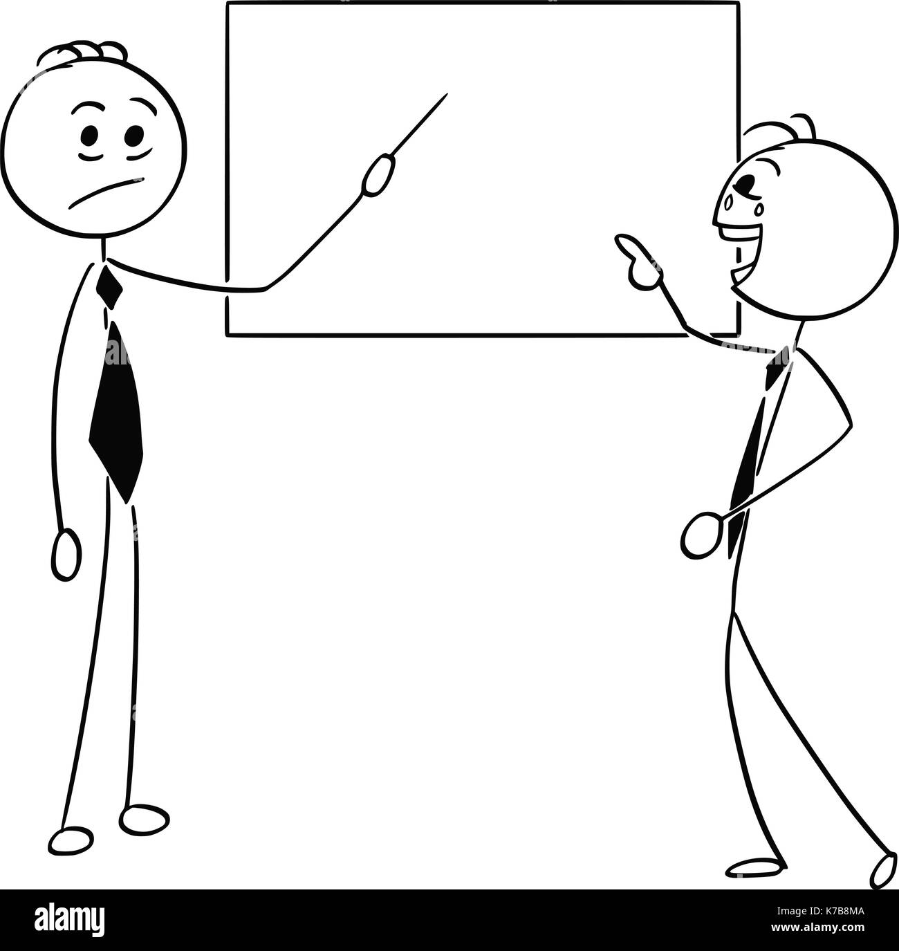 Stick man cartoon illustration of business man à deuxième businessman pointing at signe vide ou conseil. Illustration de Vecteur