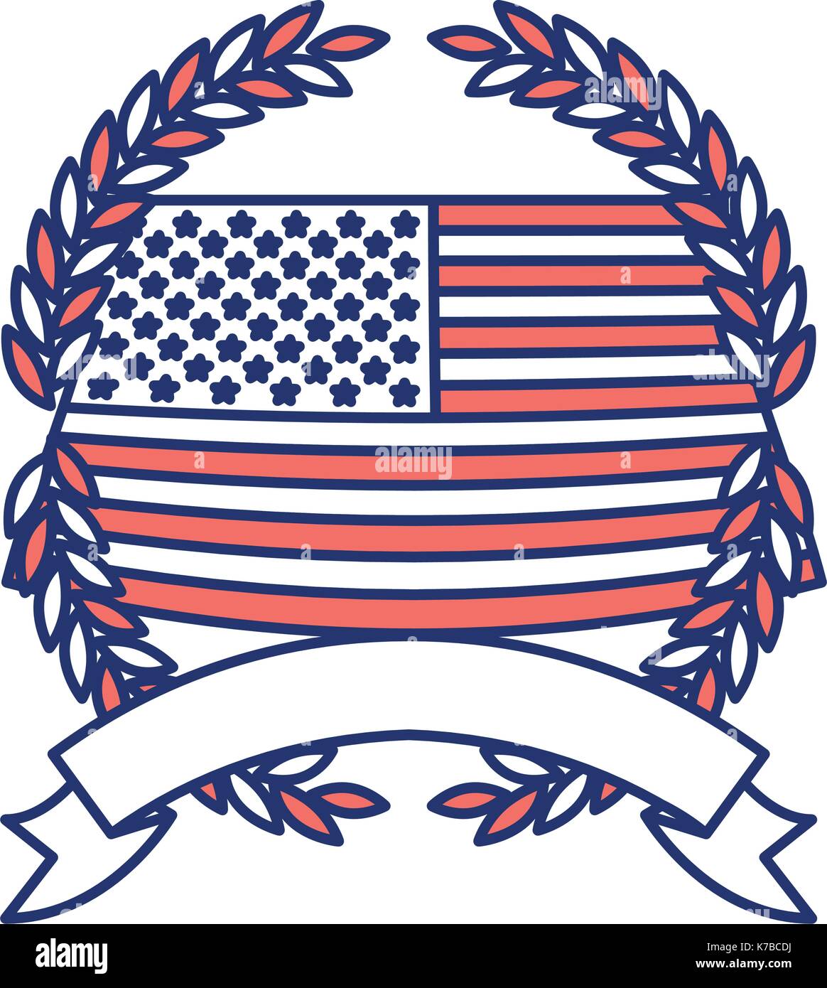 De brandir le drapeau des États-Unis à l'intérieur de la couronne de branches d'oliviers avec ruban sur fond en couleur articles silhouette Illustration de Vecteur