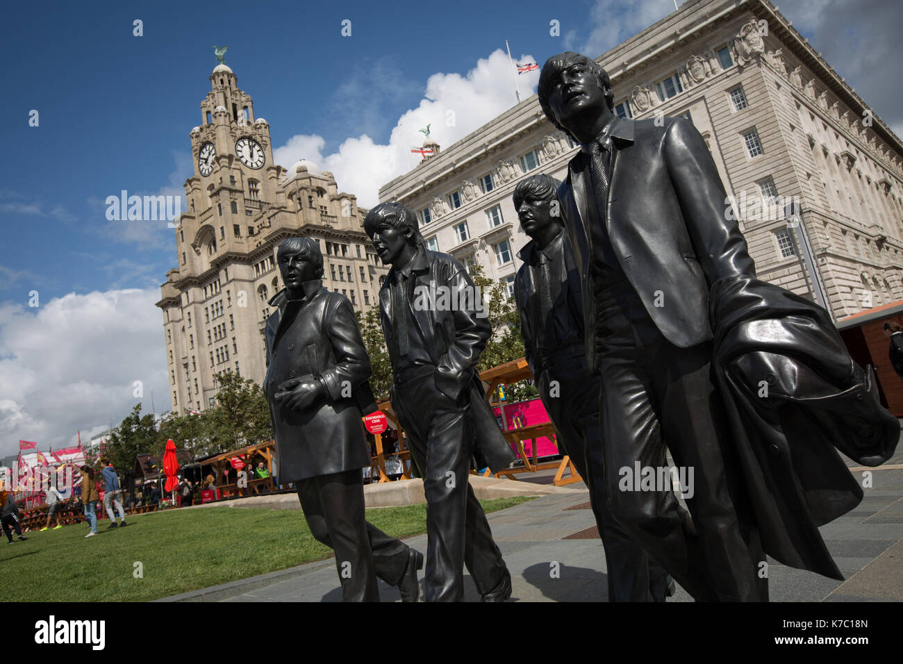 Les Beatles statue à Mersey Docks de Liverpool, en Angleterre, le 15 septembre 2017. Banque D'Images