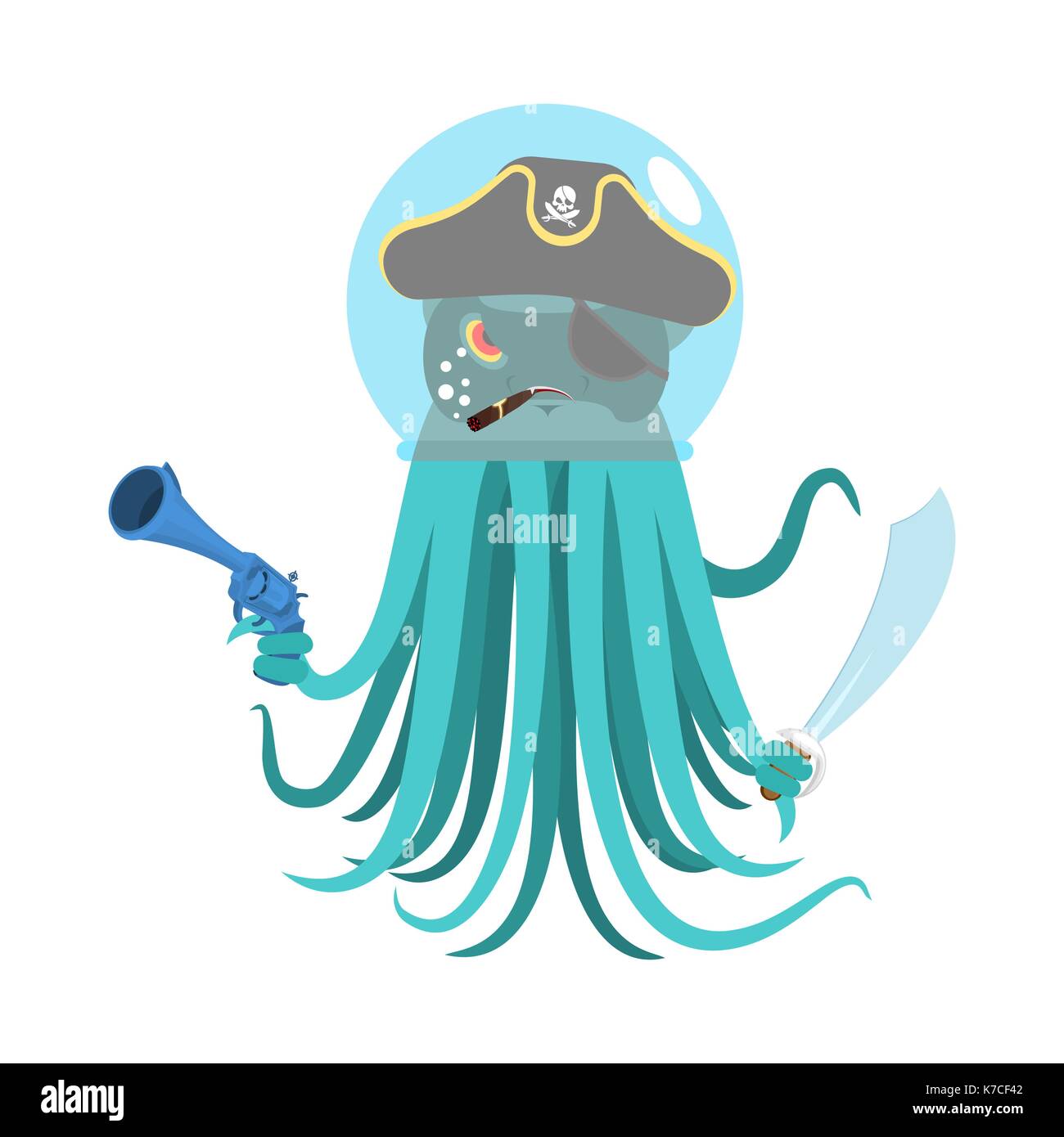 Les intrus exotiques space octopus pirate. monstre cosmique envahisseur. poulpe dans Casque astronaute. devilfish en pirate hat. Sabre et fusil. vector illustratio Illustration de Vecteur