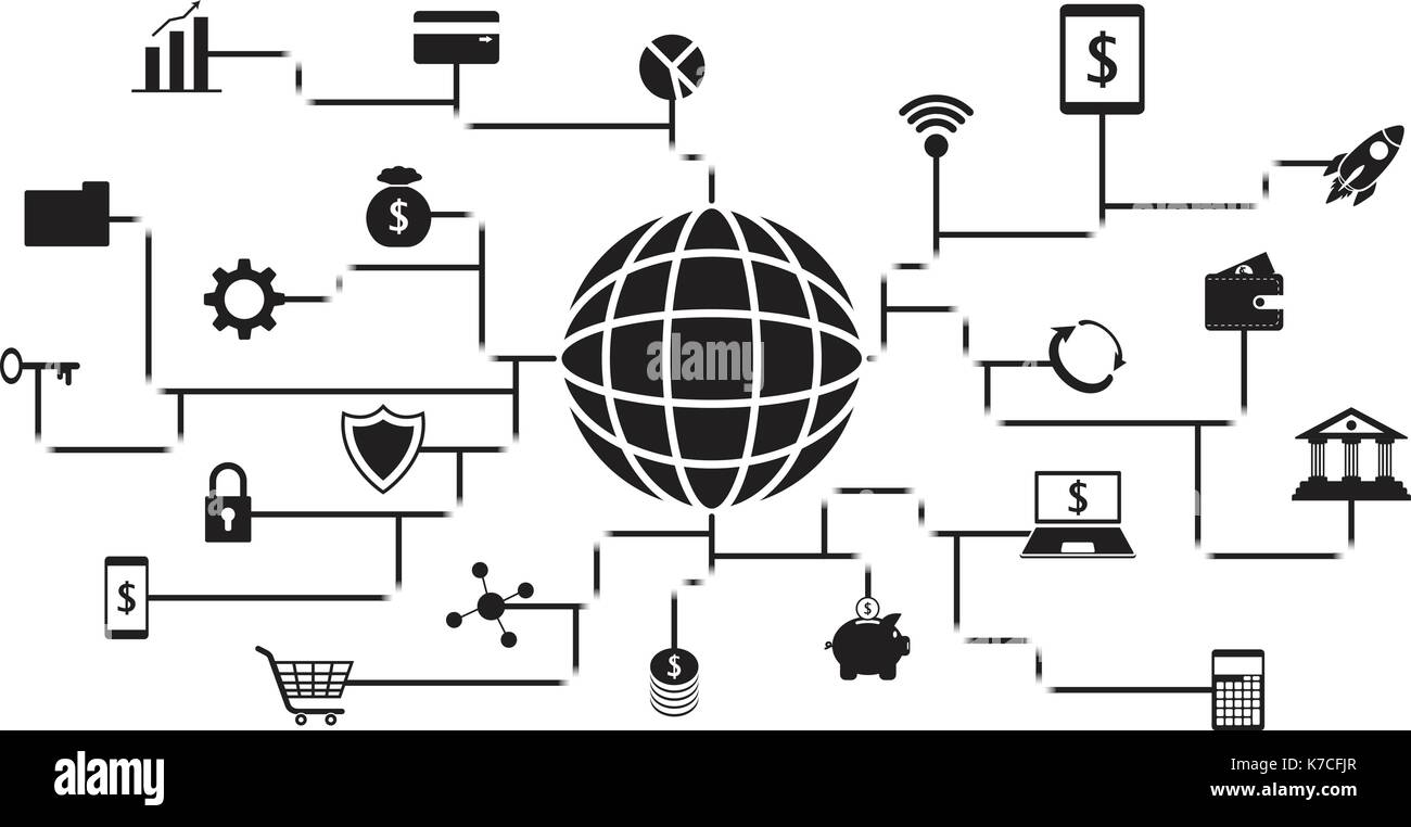 Fintech vecteur icônes noires autour d'un globe en impliquant la technologie financière, bancaire, et l'investissement sur fond blanc avec des lignes de type numérique noir Illustration de Vecteur