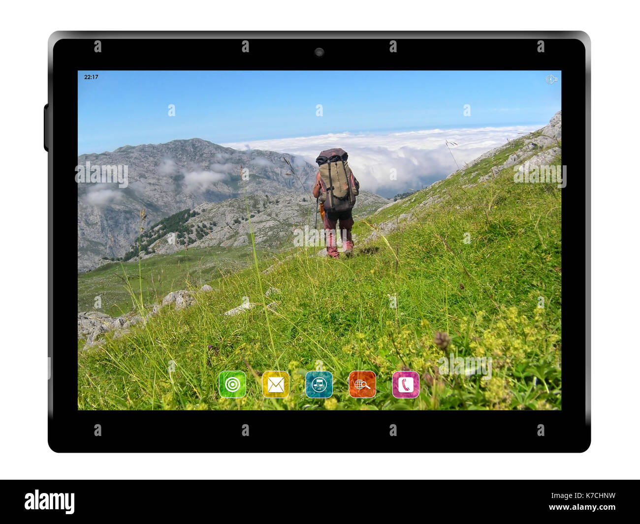 Tablette avec hotography de montagnes sur fond blanc. 3d illustration. Banque D'Images