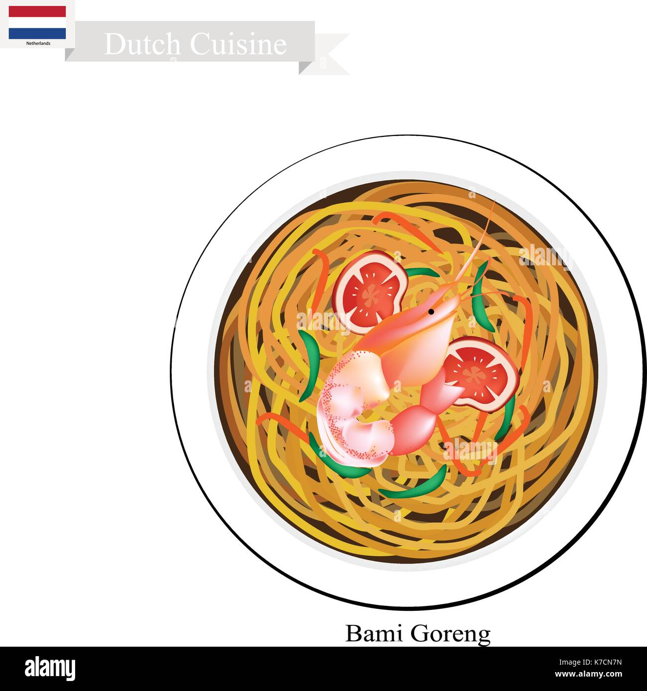 La cuisine néerlandaise, bami goreng ou traditionnelles nouilles frites avec prawn. L'un des plus célèbre plat en Pays-Bas. Illustration de Vecteur