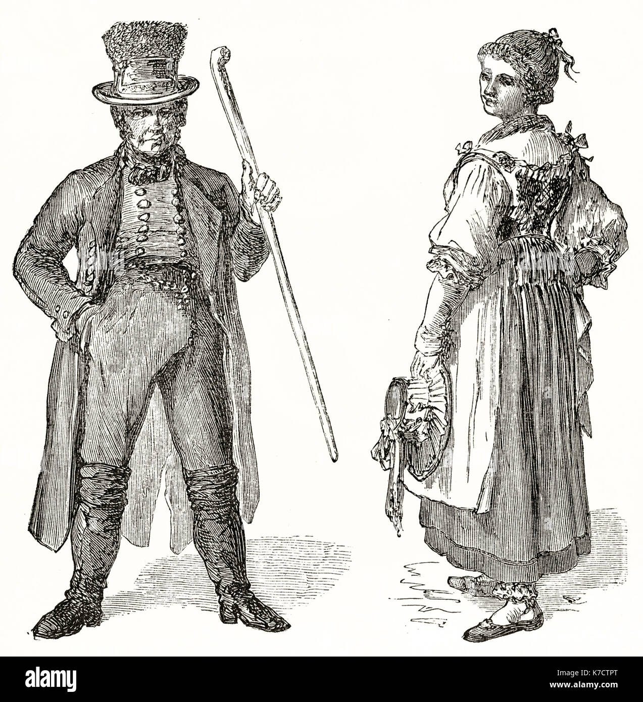 Vieux illutration de costumes bavarois. Par auteur non identifié, publ. sur le Tour du Monde, Paris, 1862 Banque D'Images