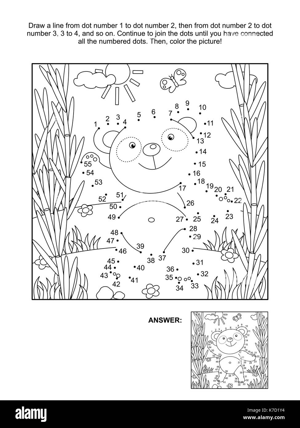 Panda en forêt de bambou relier les points photo puzzle et coloriage. réponse inclus. Illustration de Vecteur