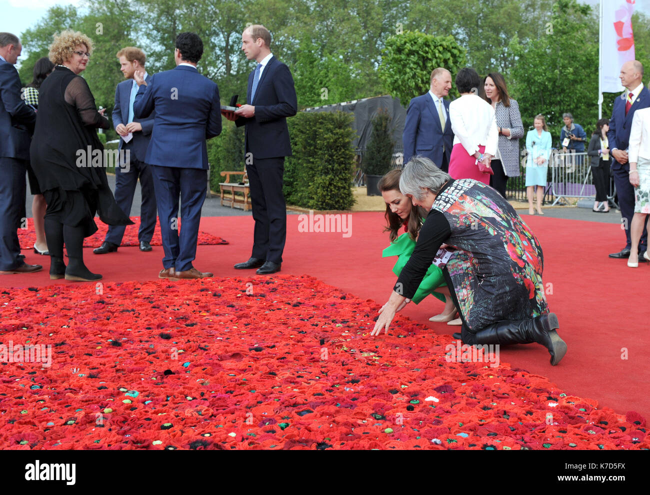 La photo Doit Être Créditée ©Alpha Press 079965 23/05/2016 Prince Harry, Kate Duchesse de Cambridge Katherine Catherine Middleton et Prince William Duke de Cambridge avec Lynn Berry dans le projet 5000 Poppies jardin Hommage Chelsea au RHS Chelsea Flower Show 2016 tenu à l'Hôpital Royal de Chelsea, Londres. Banque D'Images