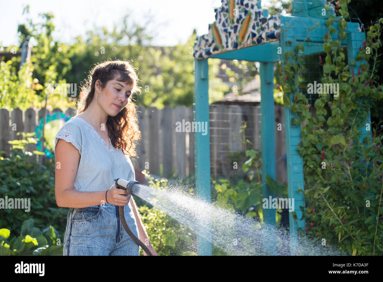 Woman watering plants in garden en utilisant le tuyau flexible Banque D'Images