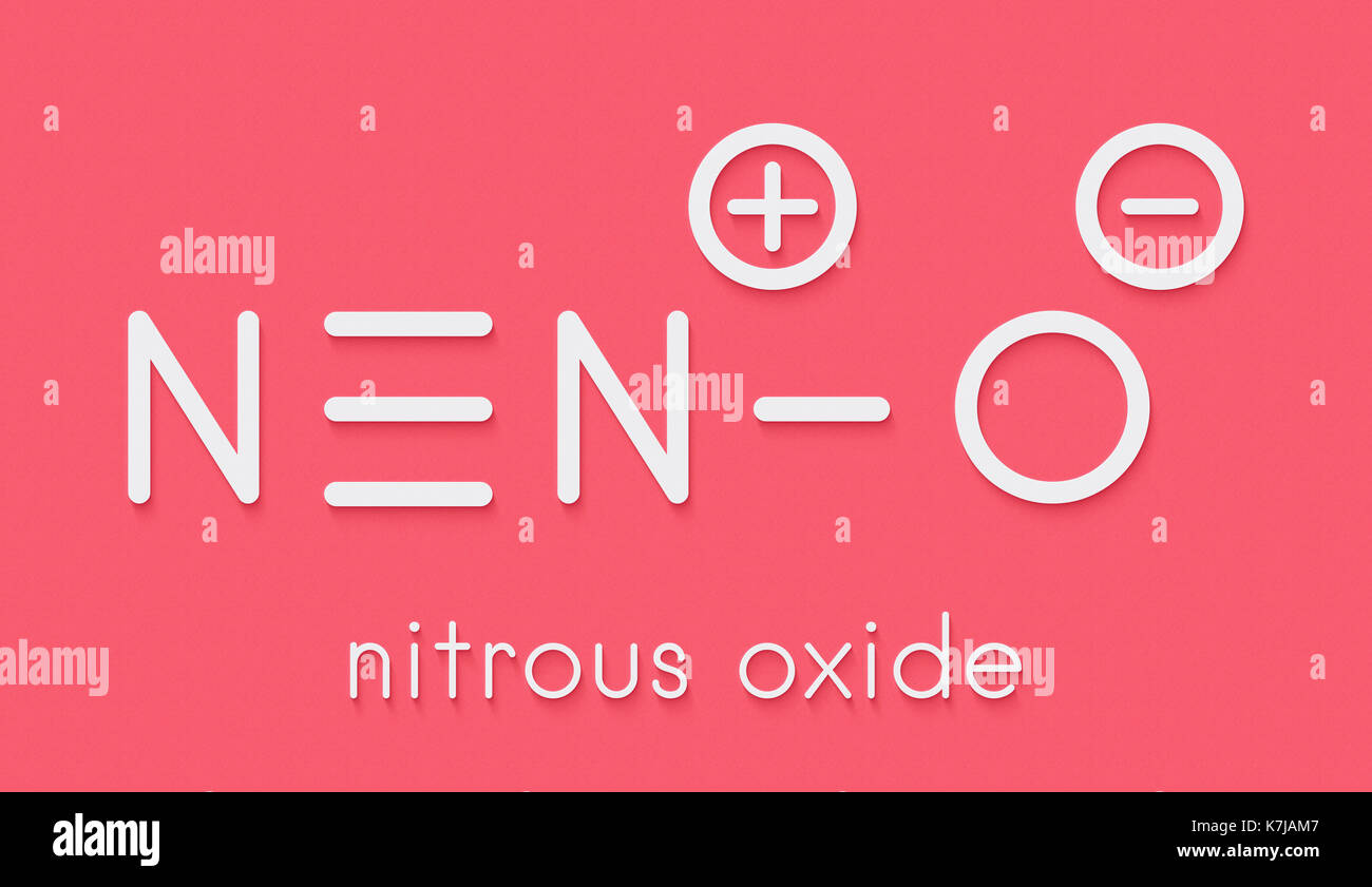 L'oxyde nitreux (nos, gaz hilarant, N2O) molécule. utilisé en chirurgie comme médicament anesthésique et analgésique, et aussi comme un oxydant dans des moteurs-fusées et combustio Banque D'Images
