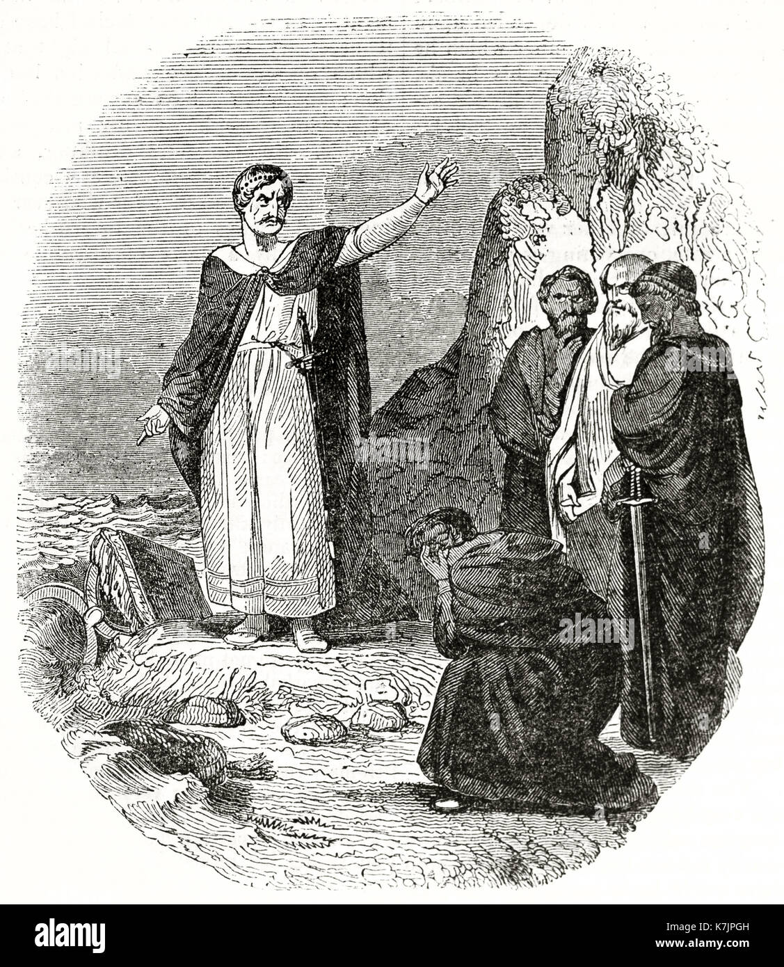 Vieille illustration Roi Cnut condamnant ses flatteurs. Par auteur non identifié, publ. sur le Penny Magazine, Londres, 1837 Banque D'Images