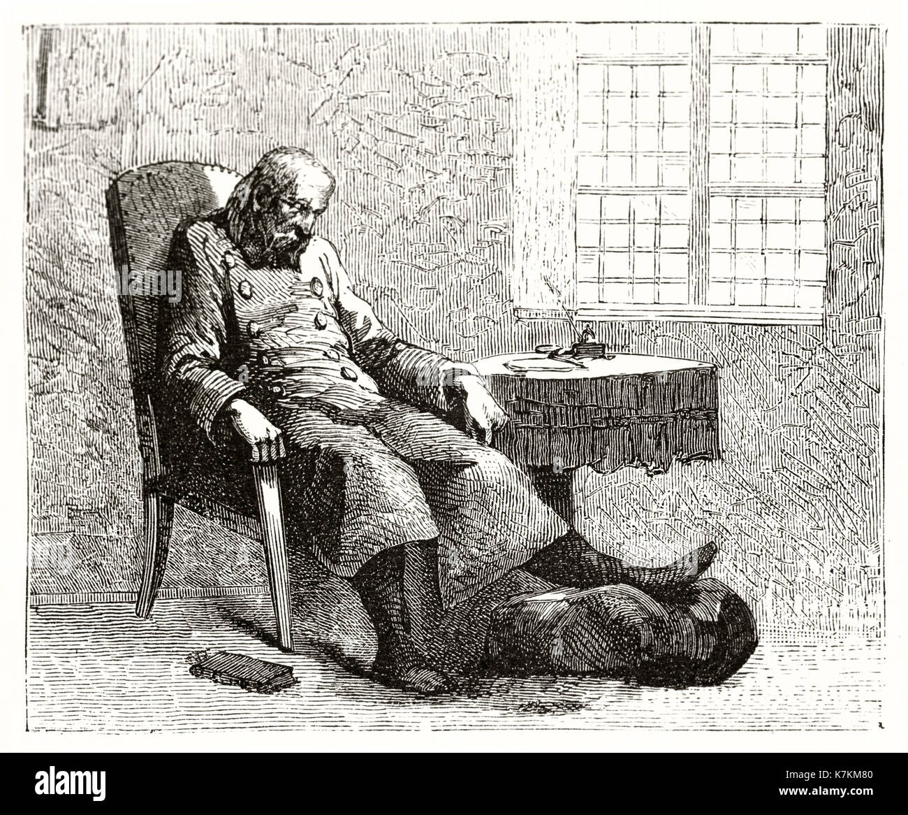 Illustration ancienne depictin officier russe en exil. Par auteur non identifié, publ. sur le Tour du Monde, Paris, 1862 Banque D'Images