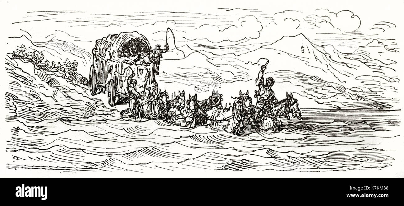 Vieille illustration représentant un wagon une rivière à gué. Par Dore, publ. sur le Tour du Monde, Paris, 1862 Banque D'Images