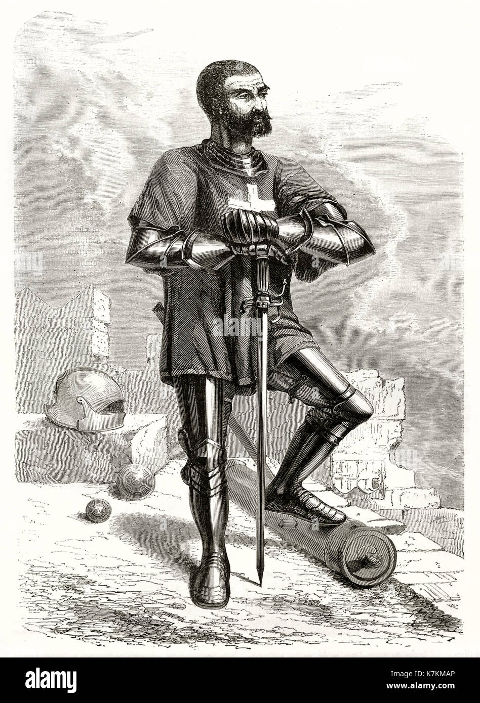 Vieille illustration représentant un chevalier de Rhodes. Par Pannemaker, publ. sur le Tour du Monde, Paris, 1862 Banque D'Images