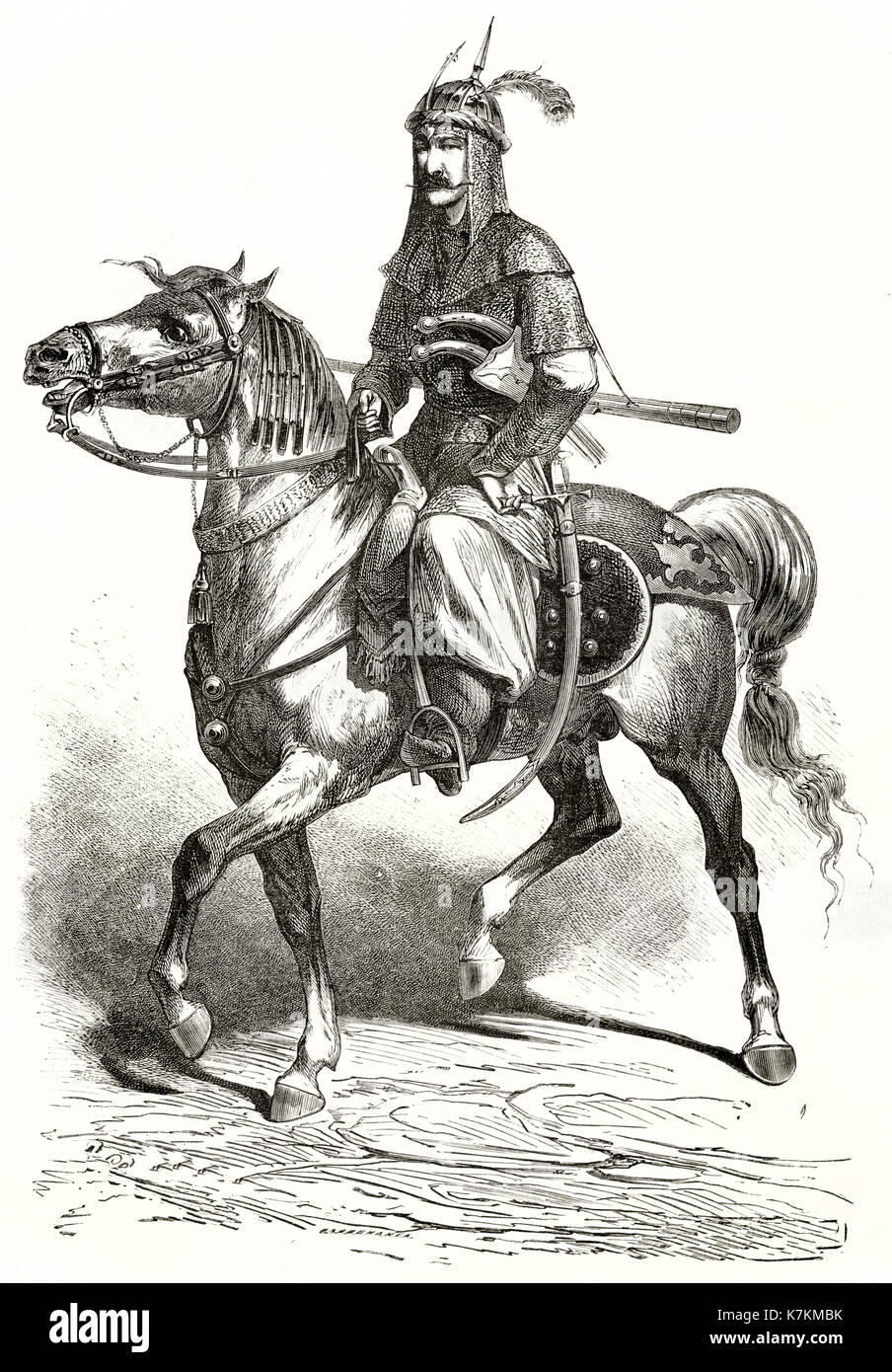 Vieille illustration d'un chevalier kurde. Par Duhousset, publ. sur le Tour du Monde, Paris, 1862 Banque D'Images