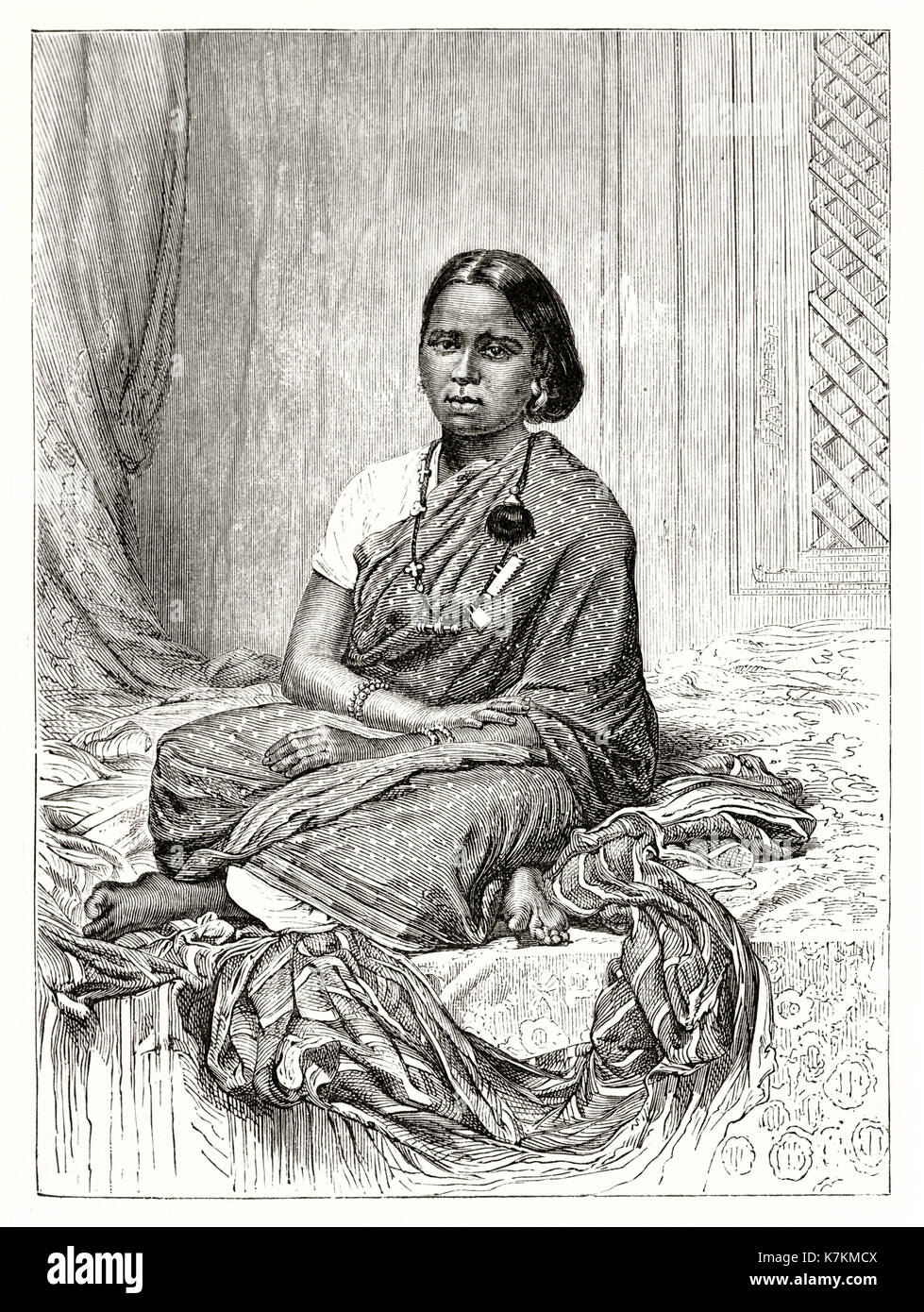 Ancien portrait gravé d'une fille de Malabar. Par Mettais, publ. sur le Tour du Monde, Paris, 1862 Banque D'Images