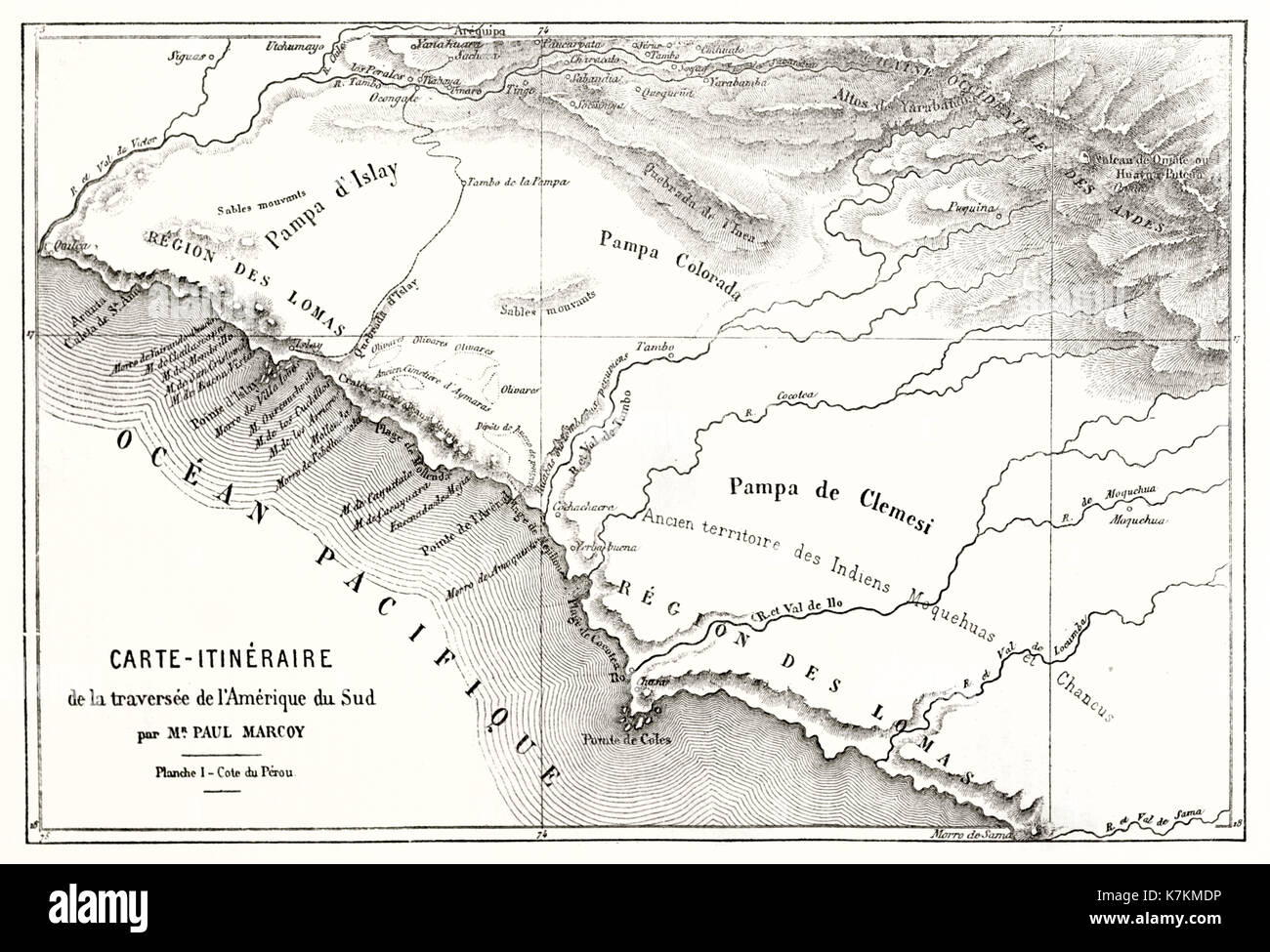 Ancienne carte et itinéraire de l'explorateur Paul Marcoy Sothern dans l'Amérique. Par Erhard et Bonaparte, publ. sur le Tour du Monde, Paris, 1862 Banque D'Images