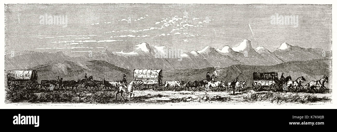 Vieille illustration représentant une caravane de mormons. Par Chassevent après Stansbury, publ. sur le Tour du Monde, Paris, 1862 Banque D'Images