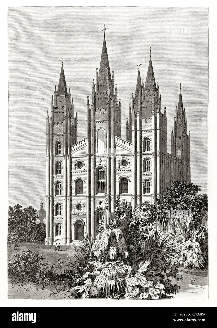 Vieille illustration représentant la façade d'un temple mormon. Par Therond après Remy, publ. sur le Tour du Monde, Paris, 1862 Banque D'Images