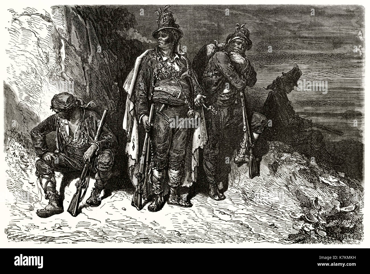 Vieille illustration Mossos d'Escuadra : police de Catalogne, Espagne. Par Dore, publ. sur le Tour du Monde, Paris, 1862 Banque D'Images
