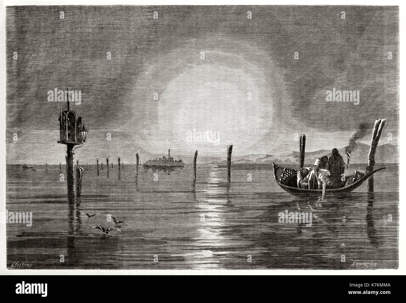 Ancienne Vue de nuit Canal Orfano (canal Orfano) à Venise, Italie. Par Therond après de Beaumont, publ. sur le Tour du Monde, Paris, 1862 Banque D'Images