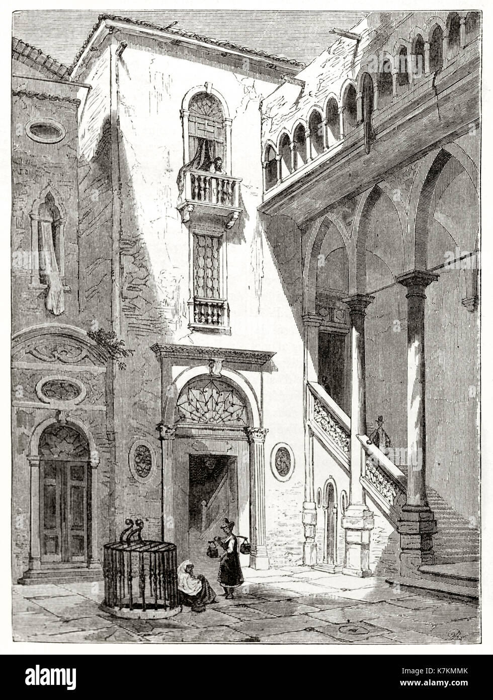 Vue de l'ancien Palazzo da Mula cour, Venise, Italie. Par Girardet après de Beaumont, publ. sur le Tour du Monde, Paris, 1862 Banque D'Images