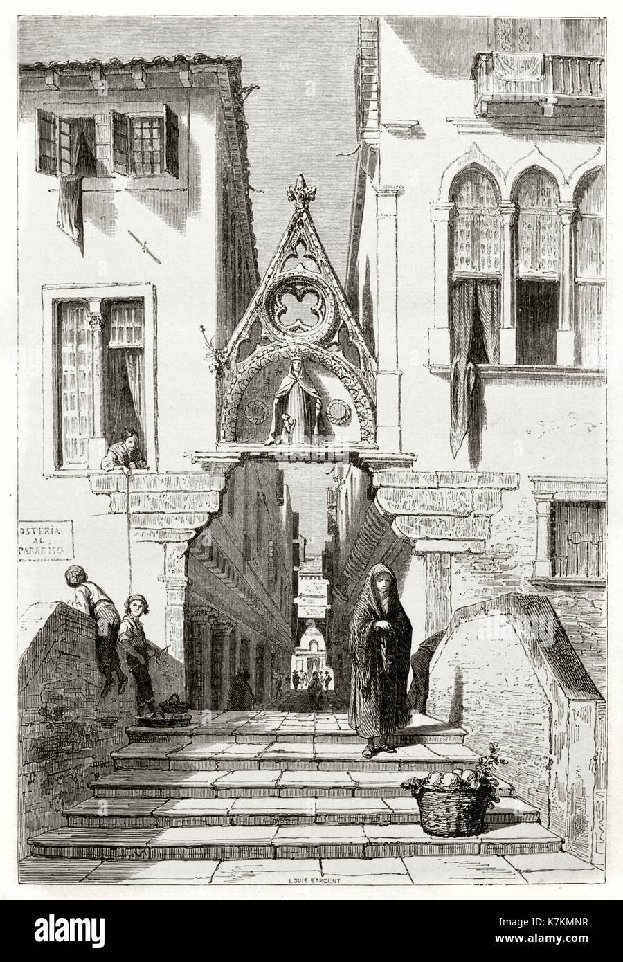 Vue ancienne de Ponte del Paradiso (Paradise bridge), Venise, Italie. Par Girardet après de Beaumont, publ. sur le Tour du Monde, Paris, 1862 Banque D'Images