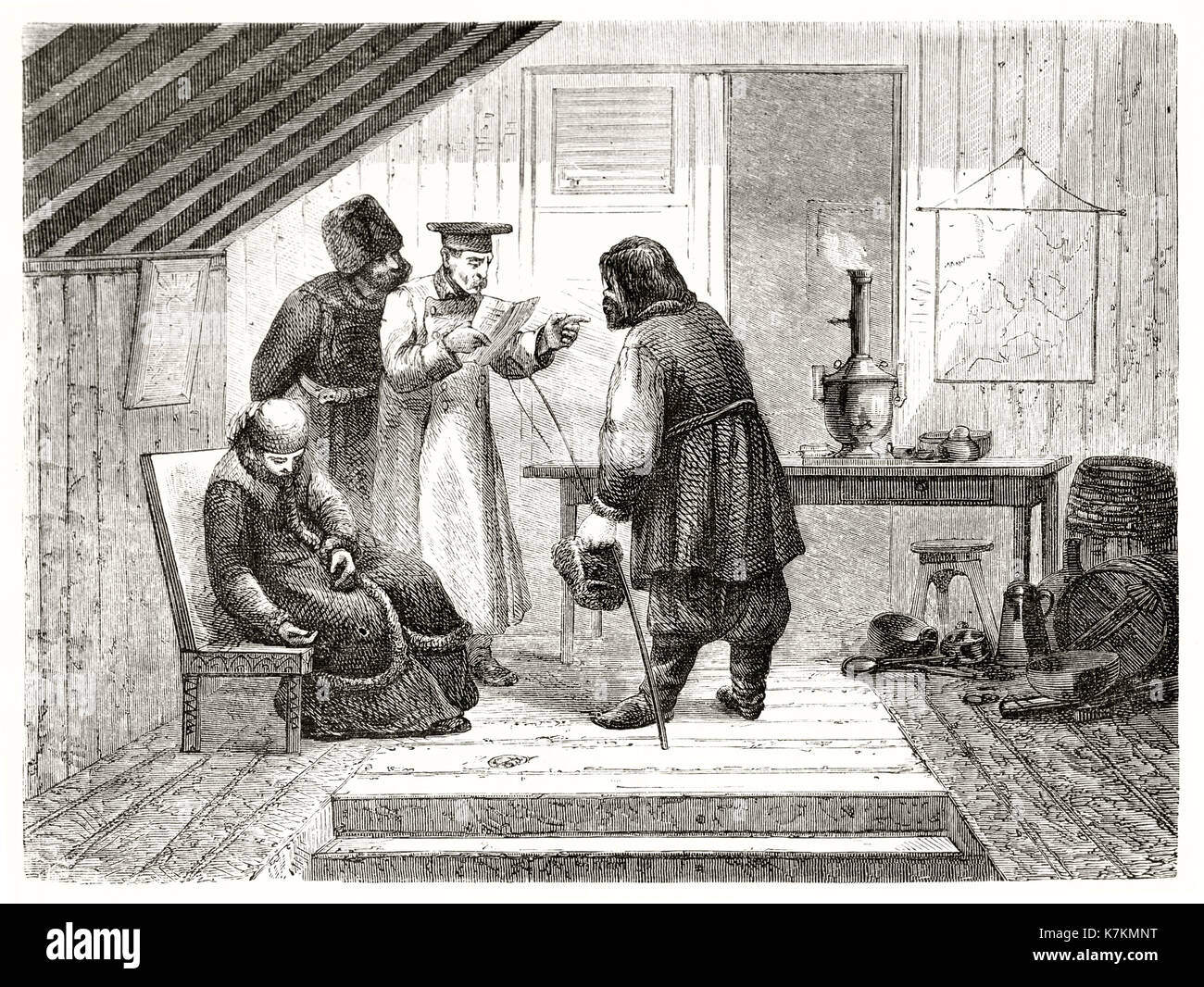 Vieille illustration bureau de poste russe de l'intérieur. Par Dumont, publ. sur le Tour du Monde, Paris, 1862 Banque D'Images