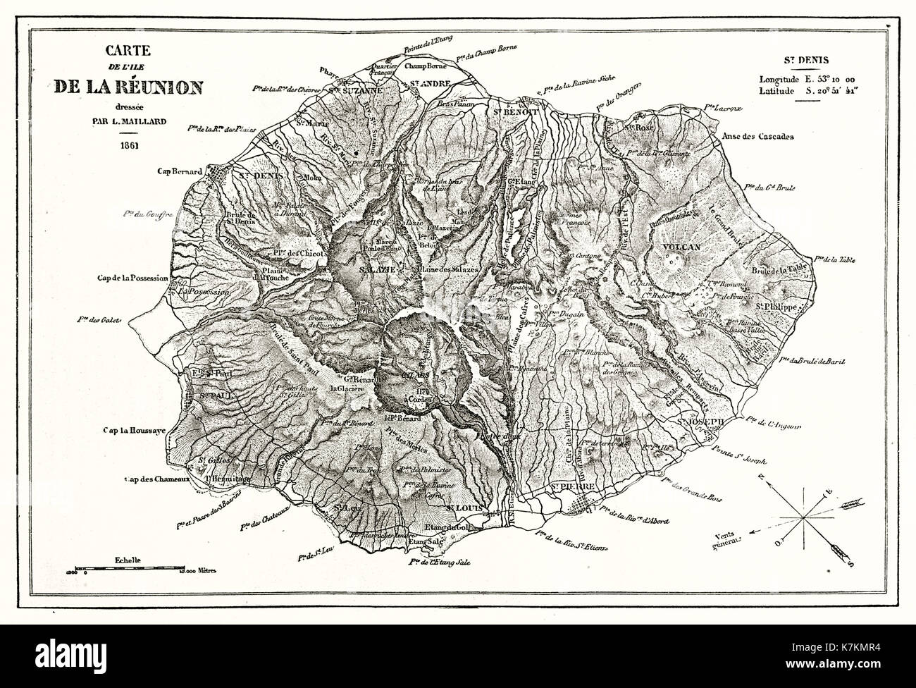 Carte ancienne de l'île de la réunion. Par Erhard et Bonaparte, publ. sur le Tour du Monde, Paris, 1862 Banque D'Images