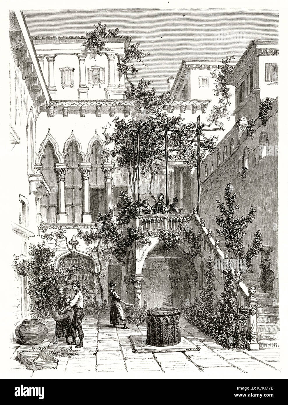 Ancienne vue sur la cour de Salviati Palace, Venice, Italie. Par Girardet après Beaumont, publ. sur le Tour du Monde, Paris, 1862 Banque D'Images
