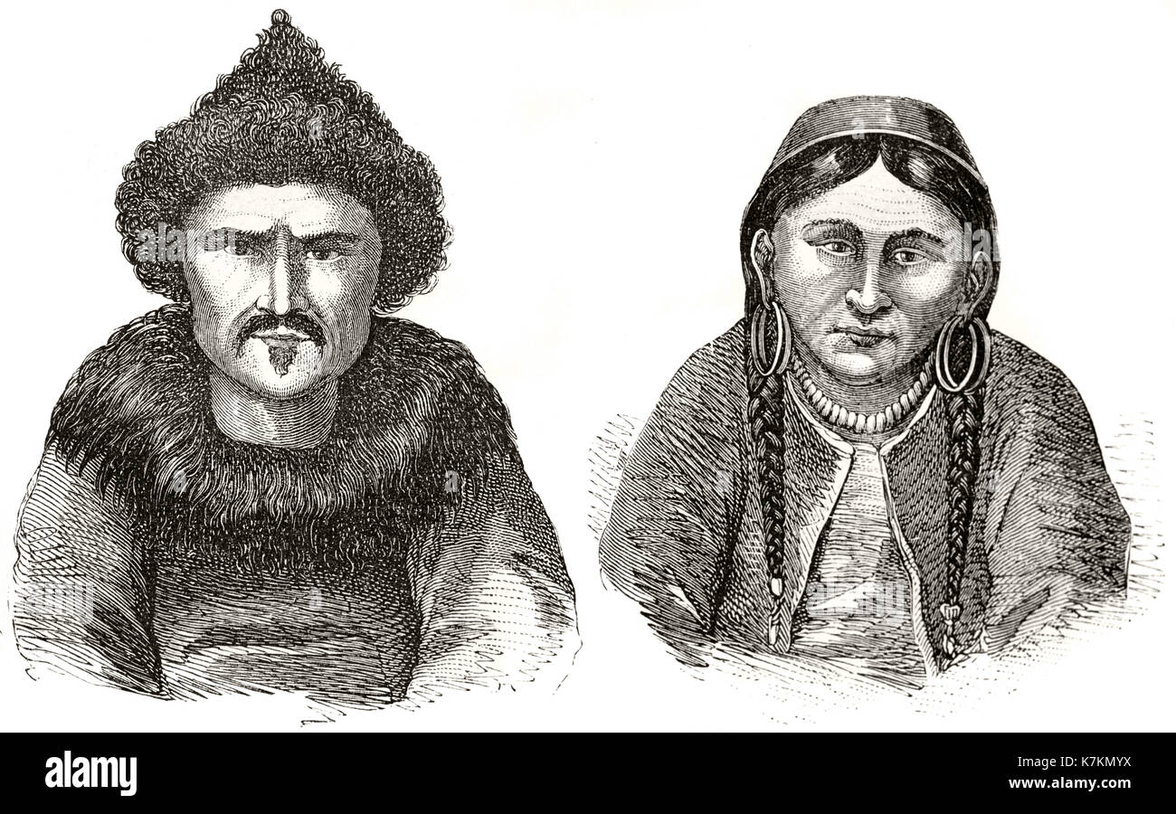 Vieille illustration de Sibérie, l'homme et de la femme. Par Catenacci Radde, publ. après sur le Tour du Monde, Paris, 1862 Banque D'Images