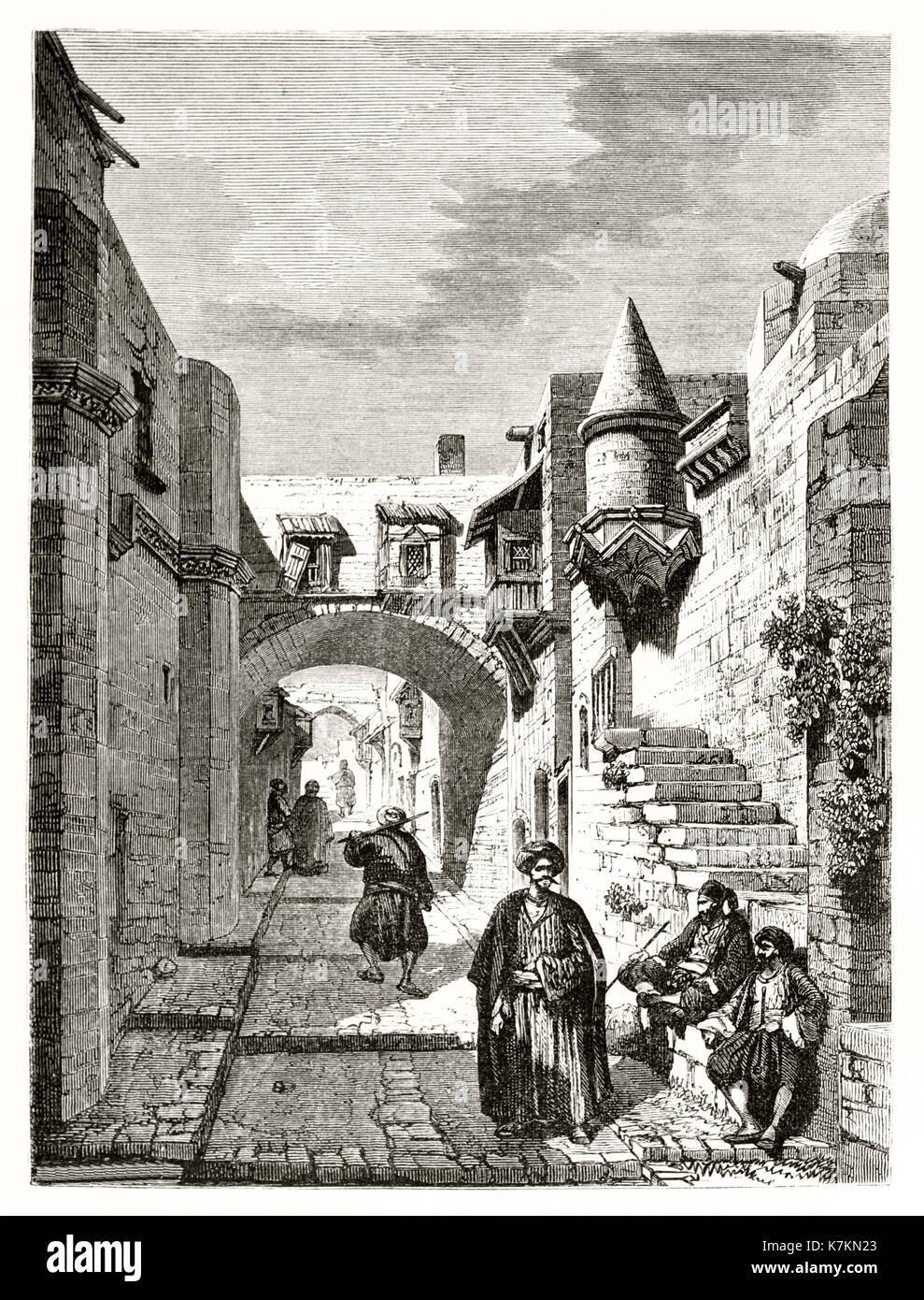 Vue ancienne de la rue des Chevaliers, Rhodes. Par Maurand, publ. sur le Tour du Monde, Paris, 1862 Banque D'Images