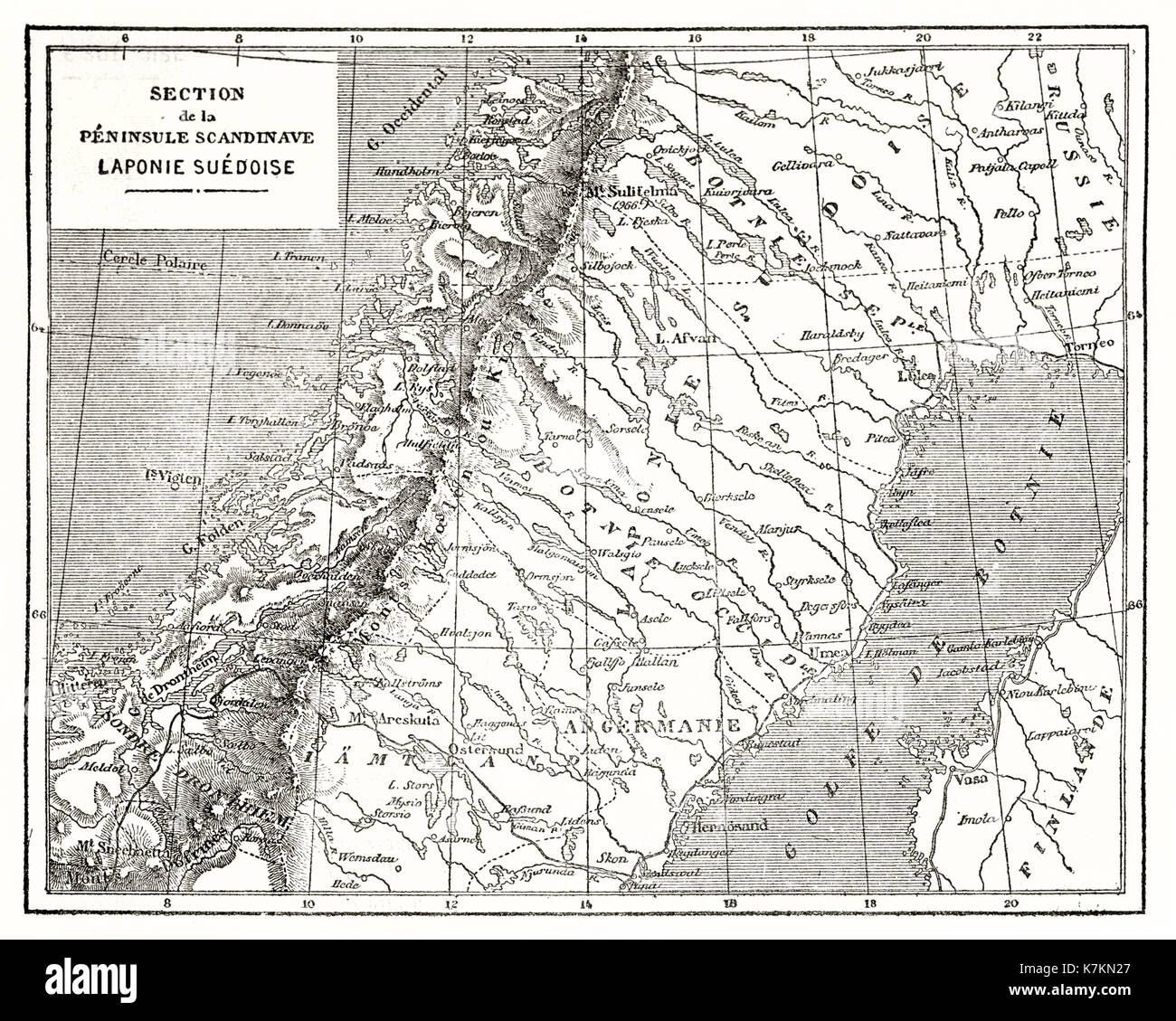 Carte ancienne de Laponie suédoise. Par auteur non identifié, publ. sur le Tour du Monde, Paris, 1862 Banque D'Images