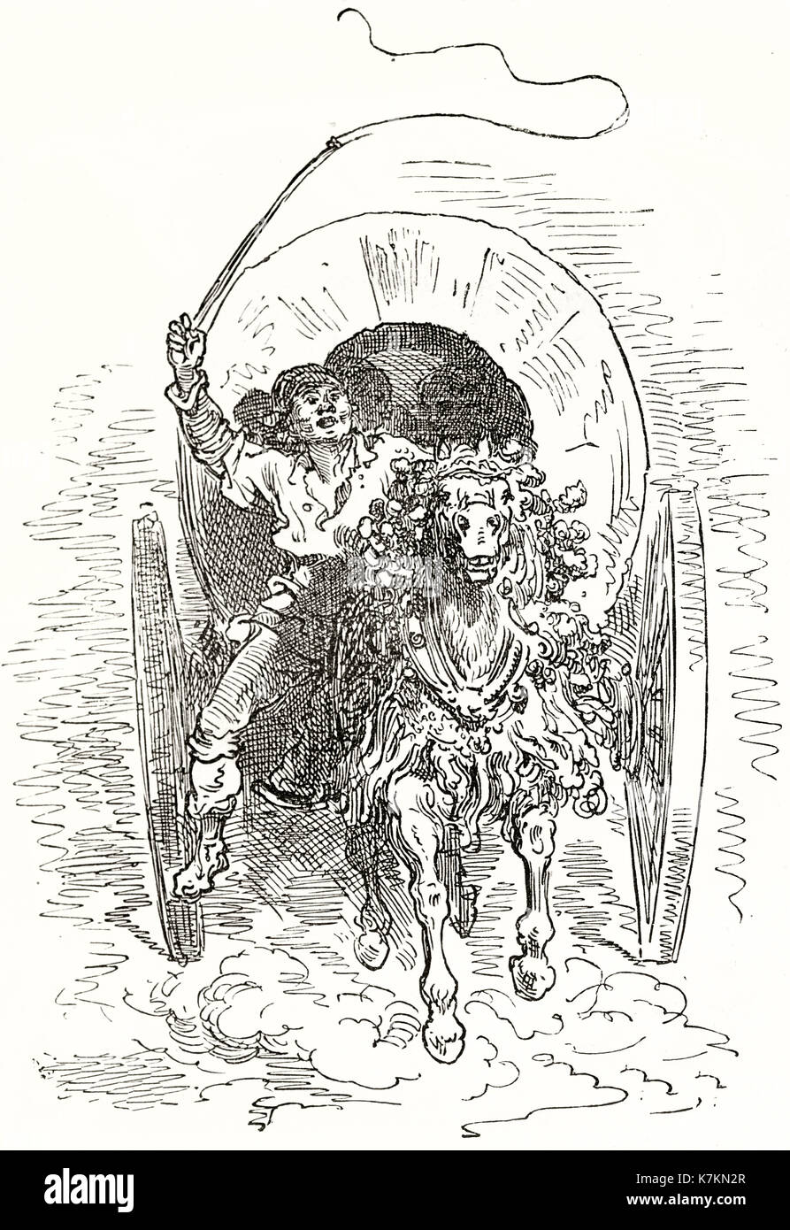 Vieille illustration représentant une Tartanero (postillion) conduite d'un chariot, l'Espagne par Dore, publ. sur le Tour du Monde, Paris, 1862 Banque D'Images