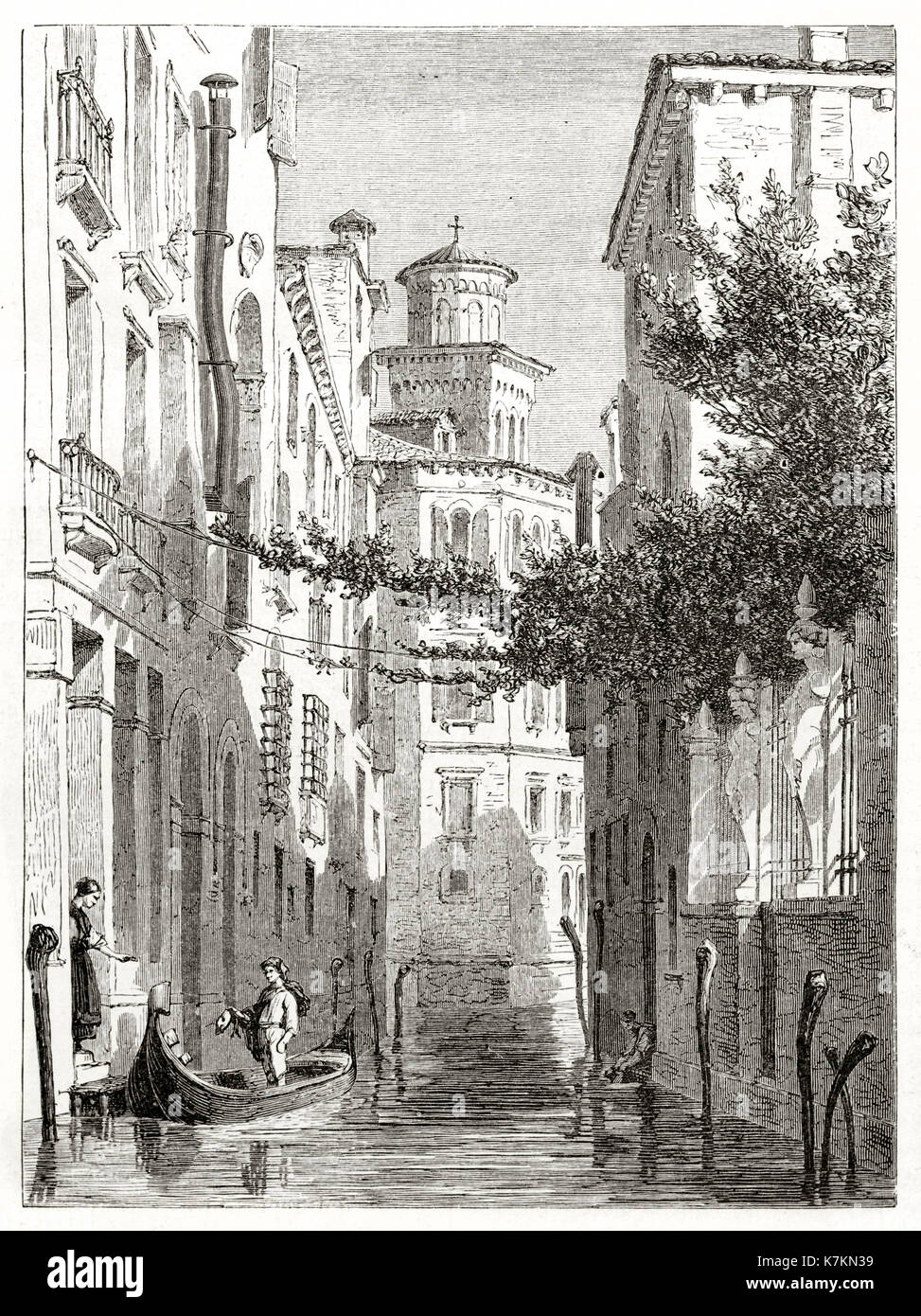 Vue ancienne de Trevisan Cappello palais, Venise, Italie. Par Girardet après de Beaumont, publ. sur le Tour du Monde, Paris, 1862 Banque D'Images